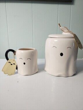 New 10 Strawberry Street Cute Ghost Ceramic Cookie Jar and Mug Set